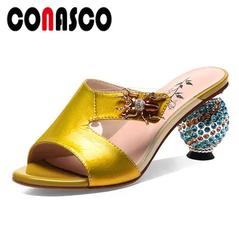 

CONASCO 2019 New Blingbling Genuine Leather Patent Leather Women Sandals Women Slippers Rome Shoes High Heels Party Shoes Woman