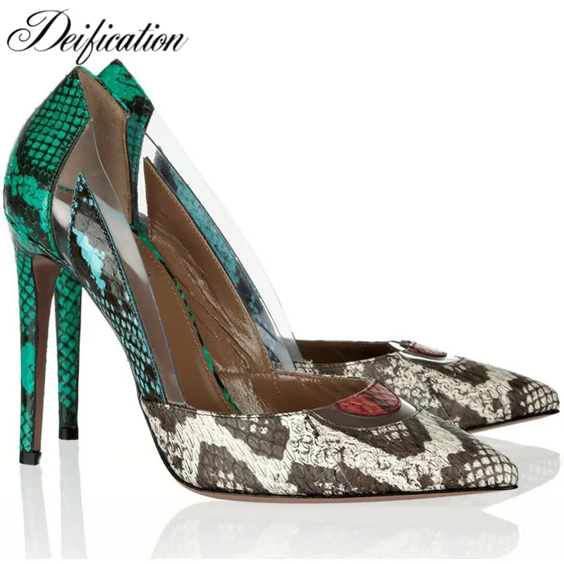 

Deification Sexy Snakeskin Slip-on Shoes Woman Patchwork Gladiator High Heels Celebrity Positano Elaphe & PVC Lady Party Pumps