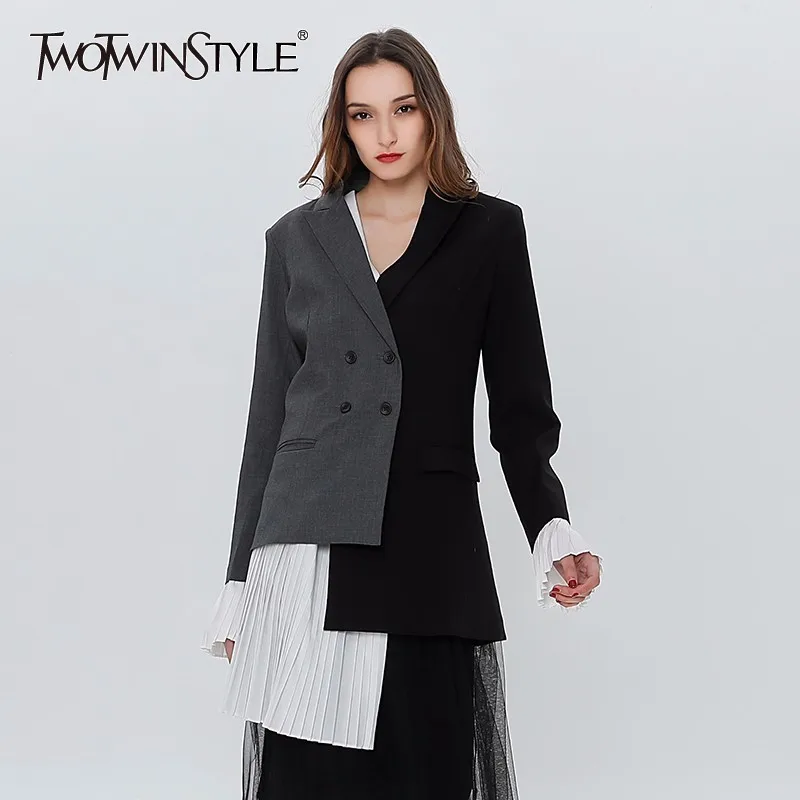TWOTWINSTYLE Patchwork Pleated Chiffon Women Blazer Flared Sleeve Asymmetrical Spring Women's