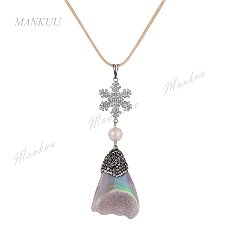 Valentine Gift Titanium Druzy Pearl Sweater Chain Necklace