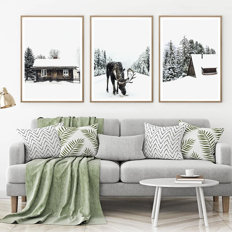 

Moose Posters and Forest Christmas Mood Prints Wall Art Snow Trees Canvas Painting Winter Landscape Pictures for Living Room