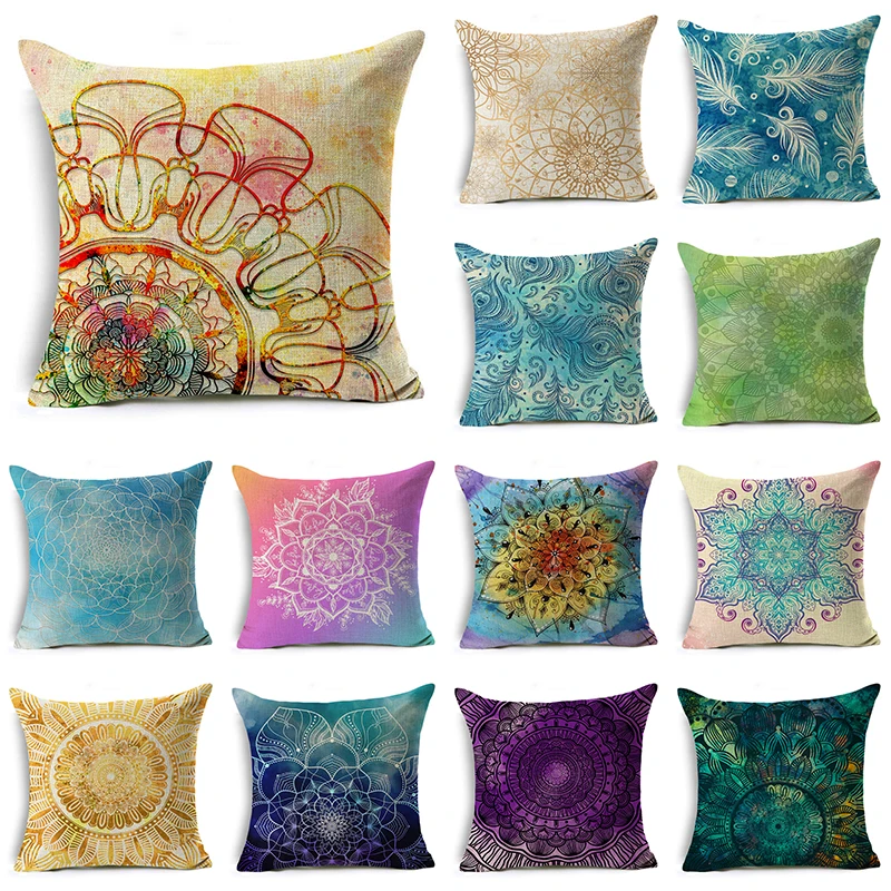 

WZH Colorful Mandala Cushion Cover 45x45cm Linen Decorative Pillow Cover Sofa Bed Pillow Case