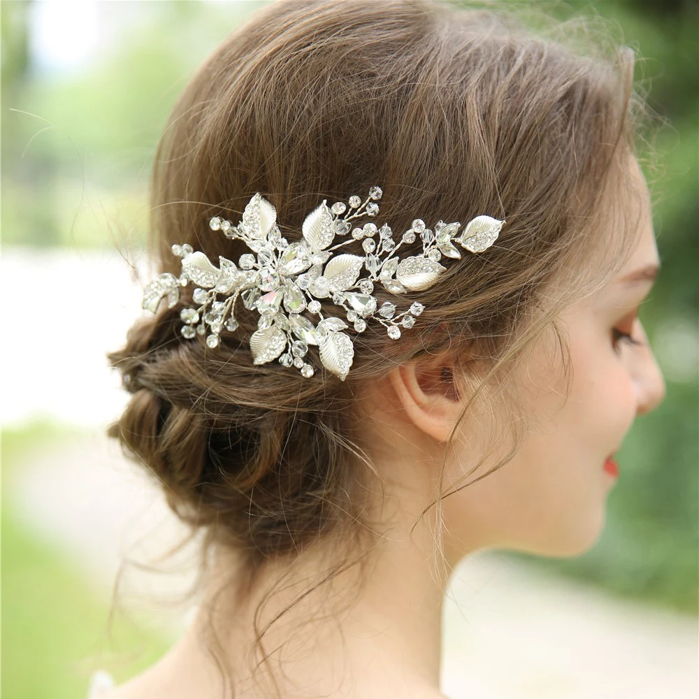 

Delicate Crystal Bridal Hair Clips Rhinestone Beaded Leaf Wedding Headpiece