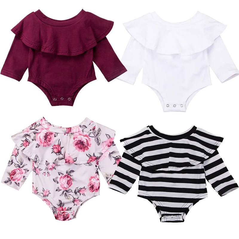 

New Fashion Infant Baby Girl Long Sleeve Off shoulder Floral Striped Wine Red Cotton Bodysuit Jumpsuit Clothes Outfits Sunsuit