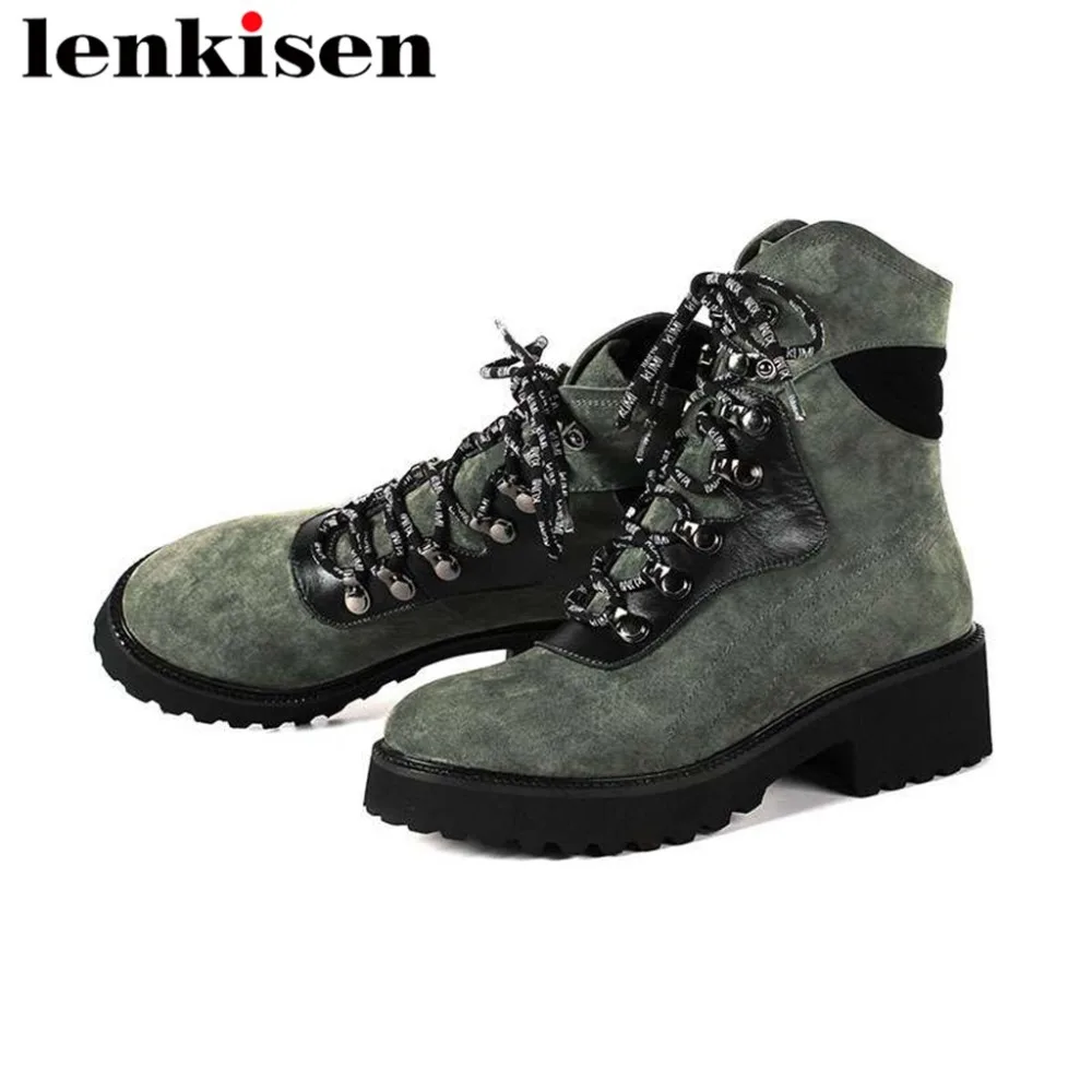 

Lenkisen vintage natural leather mixed colors med heels waterproof outdoor boots lace up rpund toe female motorcycle boots L2f7