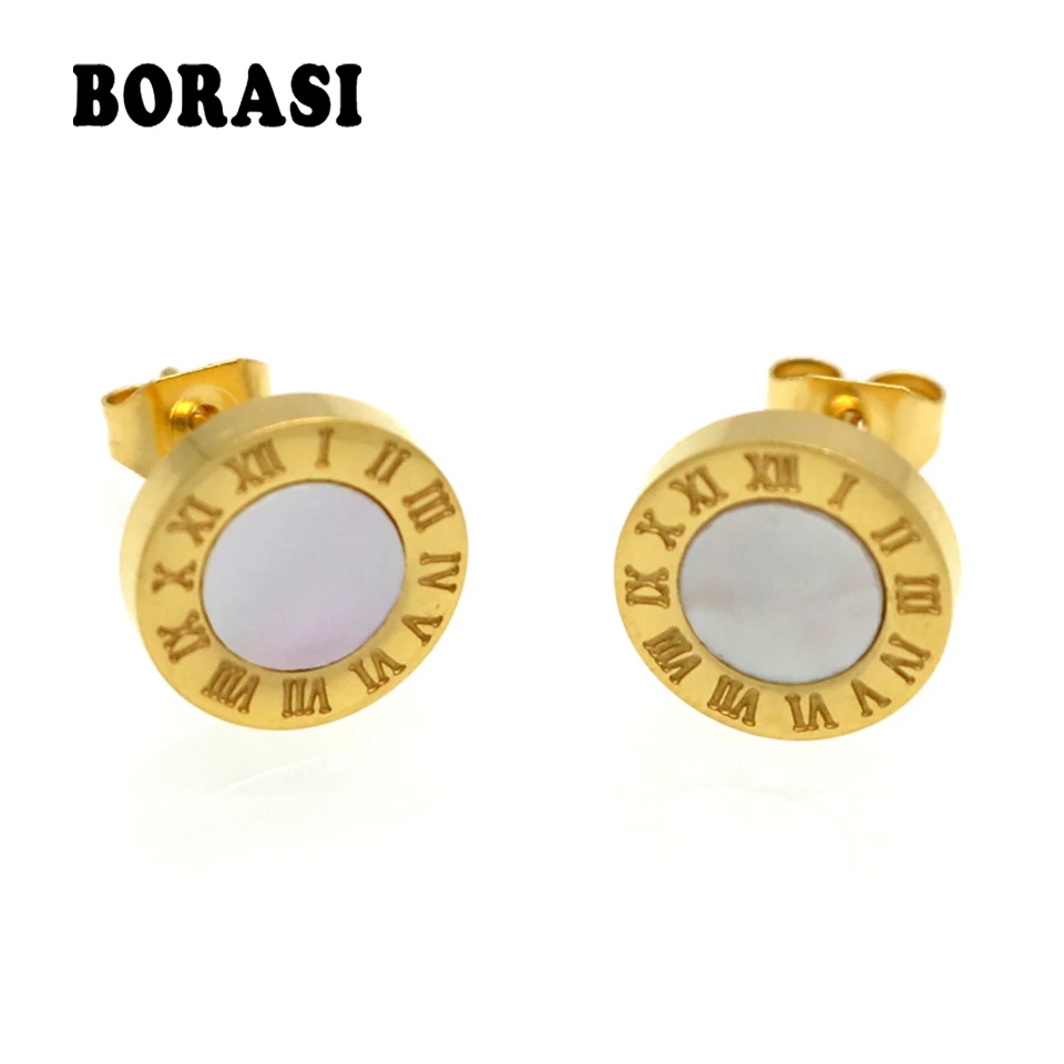 

Top Quality Elegant And Charming White Shell And Black Acrylic Roman Numerals Stud Earrings For Women/Men Girls Piercing Jewelry