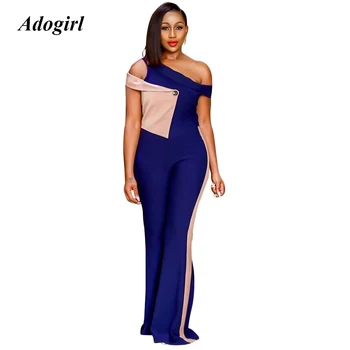 

Elegant Patchwork One Shoulder Jumpsuit Women Casual Irregular Neck Long Pants Boot Cut Bodycon Rompers Sexy Slim Party Overalls
