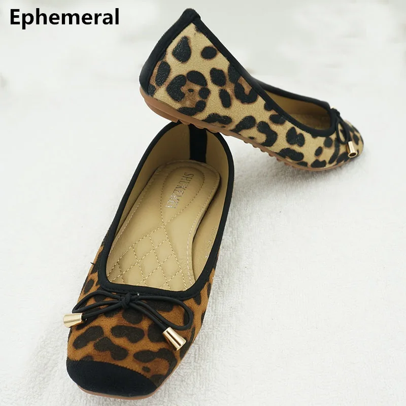 

Women flat shoes square toe bow knot soft sole europqan and american style spike shoes leopard print brown yellow plus size 43