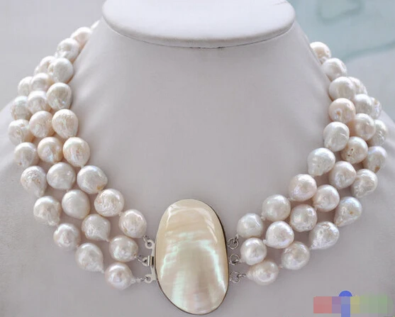 

HOT## Wholesale FREE SHIPPING >>> P4950 3row 18" 13mm white almost round keshi reborn Edison pearl necklace