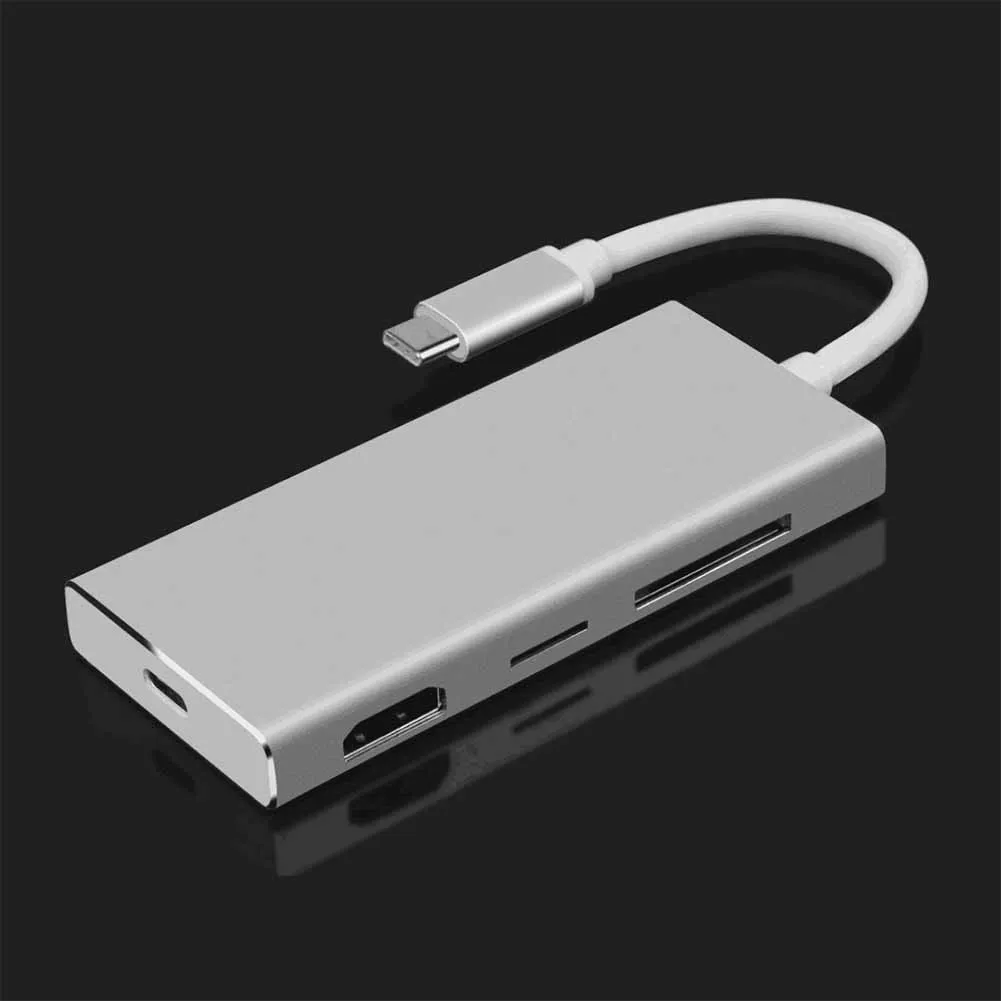 7 в 1 USB Тип C концентратора-Алюминий Портативный адаптер 3 USB 3,0 Порты с флэш-накопителей USB + 4 K HD и HDMI Выход + TF/SD Card Reader