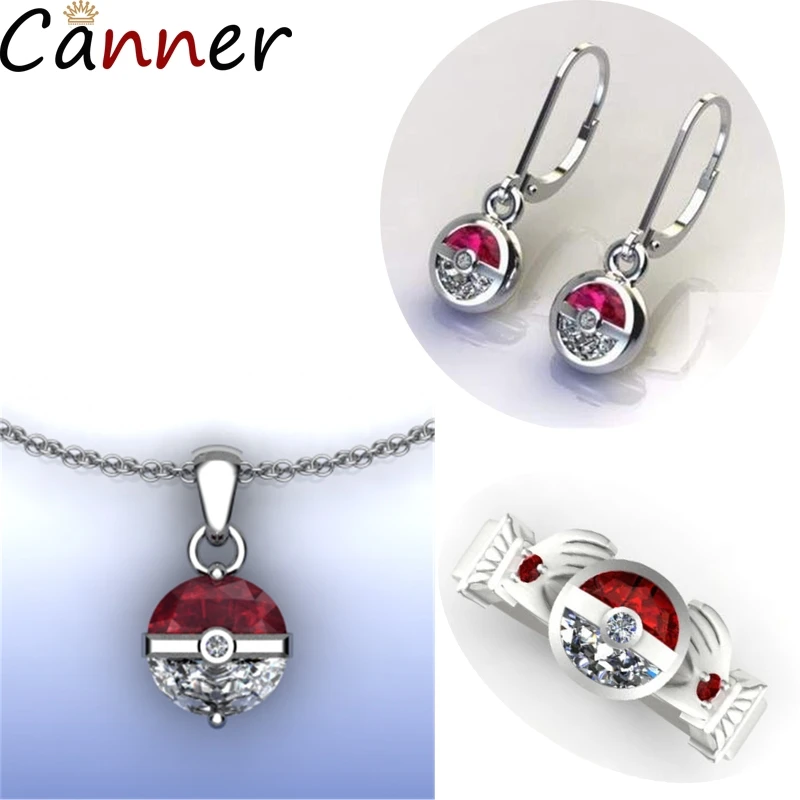

CANNER Pokemon Jewelry Sets For Women Round Cubic Zircon Earrings Copper Crystal Necklaces Rings Set Jewelry 2019 Girl Gifts F40