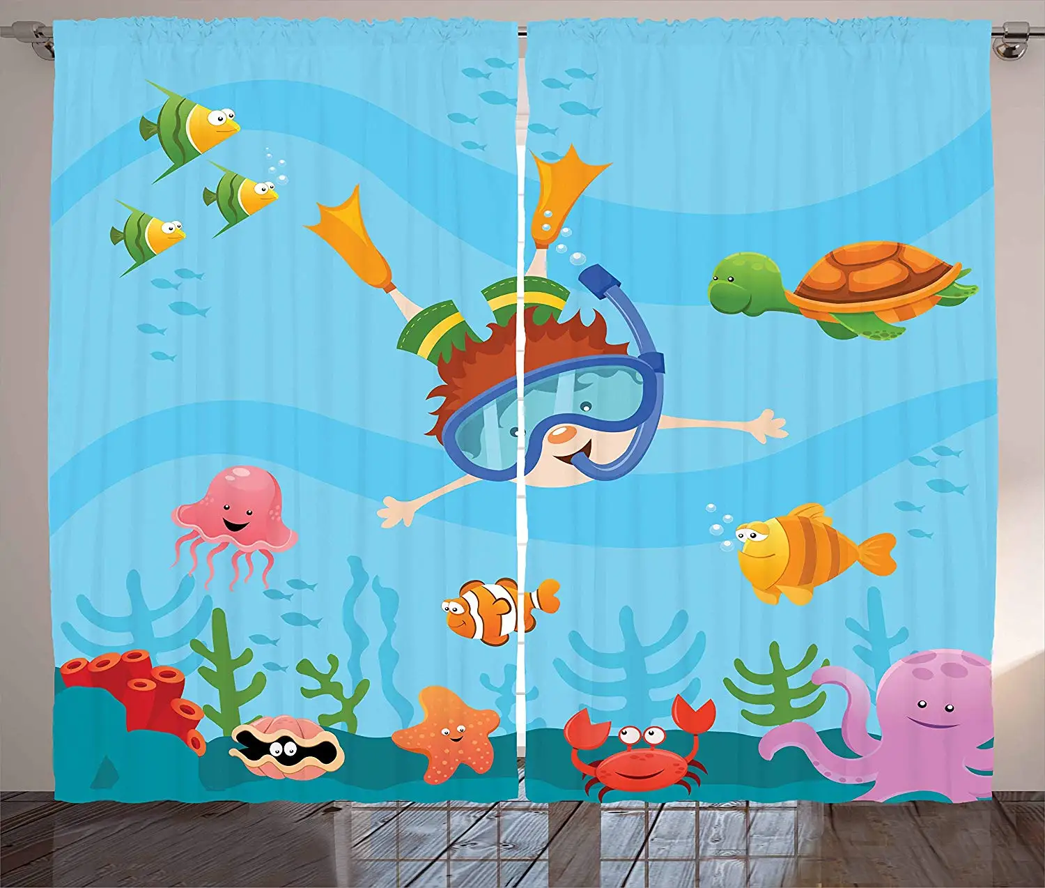 

Kids Curtains Cute Boy Diving and Exploring Subaquatic Happiness Seashell Summer Cartoon Characters Living Room Bedroom Window