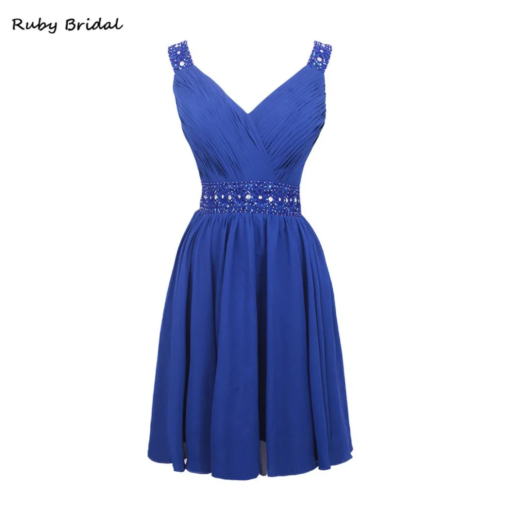 

Ruby Bridal 2017 Luxury Royal Blue Chiffon Beaded Evening Dresses Vestido De Festa Sexy Two Straps V-Neck Lady Prom Gown L075