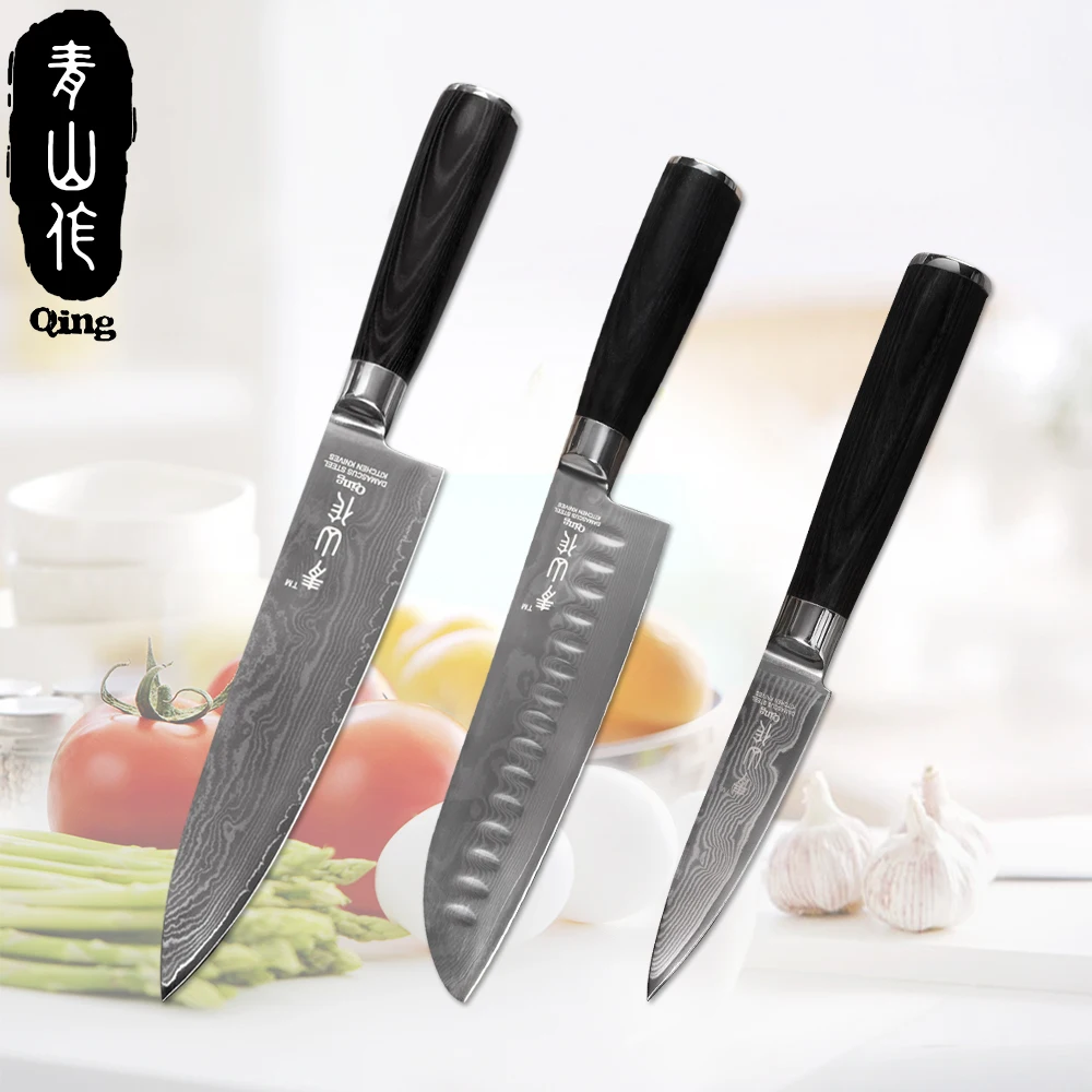 

QING 3-Pieces Kitchen Knife Set Black Color Wood Handle Cooking Tools Fruit Vegetable Meat Fish Knife Home Daily Damascus Knives