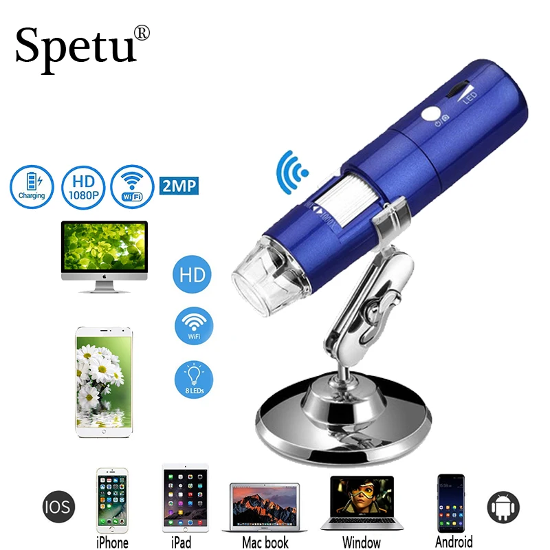 

Spetu Wireless WiFi Endoscope 8LED 1000X 2MP HD 1080P Digital Microscope Magnifier Video Camera With Stand For Soldering Black