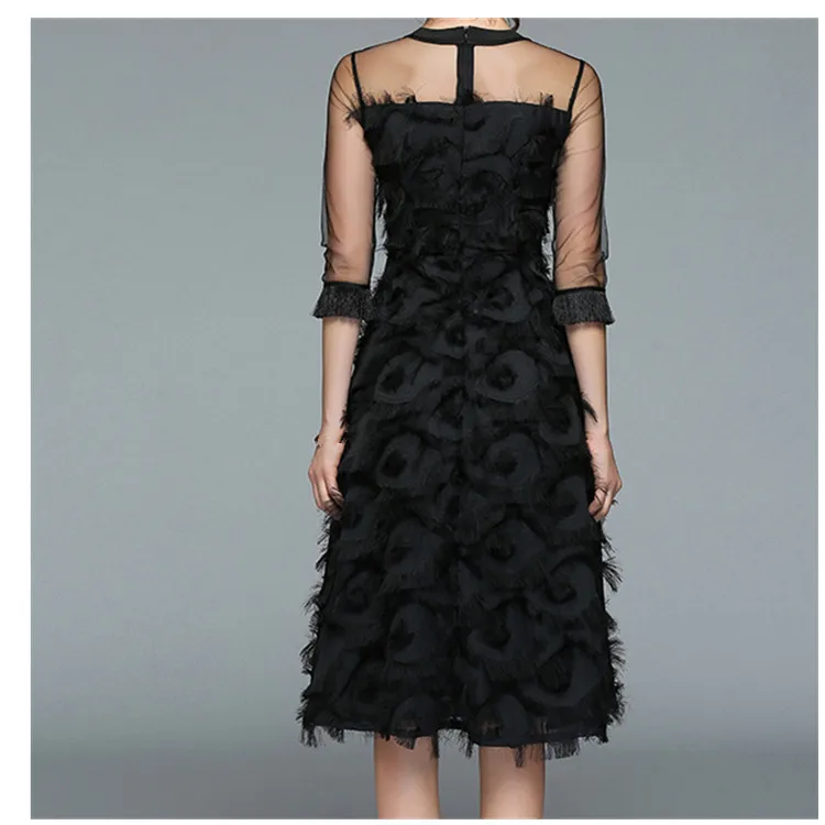 Весна Лето Женское винтажное вечернее платье А-силуэта модное платье с кисточками и круглым вырезом черное элегантное платье для женщин