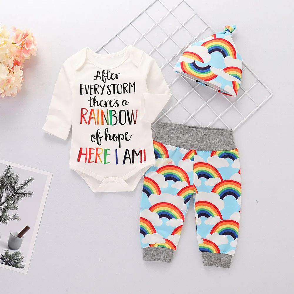 

Rainbow Baby Clothes Set Newborn Baby Girls Boys Letter Romper Jumpsuit Bodysuit+Cute Cloud Print Pants Hat 3pcs Autumn Clothes
