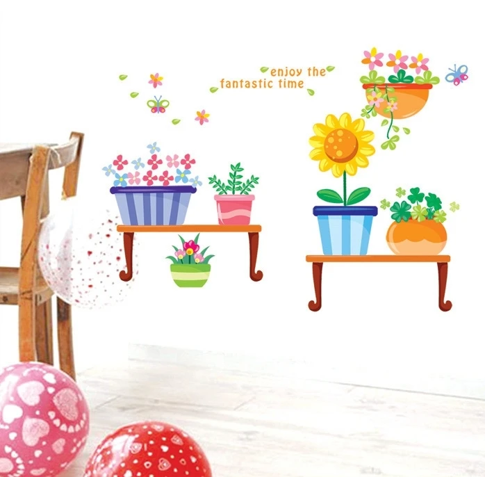 lovely mini flower pot wall stickers girls kids bonsai adhesivo DIY