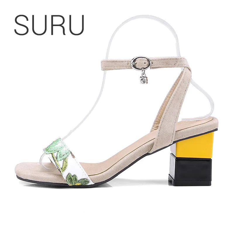 

SURU Printing Square Heels Strap Sandals Women custom big size 40 41 42 43 44 45 46 47 48