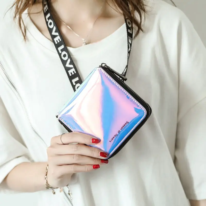 Модный Голографический лазерный женский кожаный двойной кошелек, клатч на молнии Держатель для карт, дамская сумочка