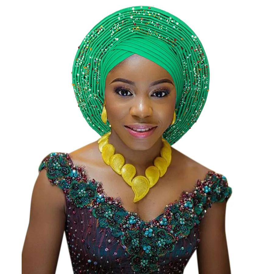 Африканский головной убор нигерийский головной убор с бисером камни Авто геле Африканский гель для свадебной вечеринки - Цвет: green