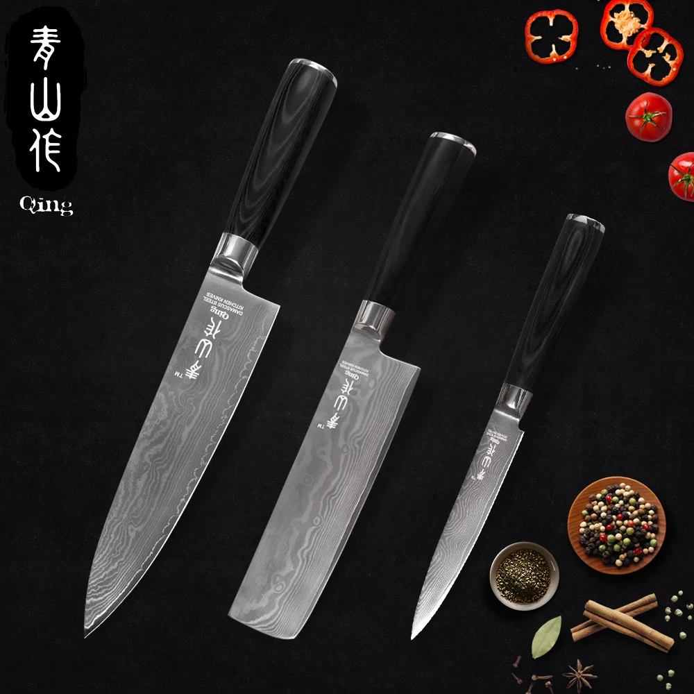 

QING VG10 Damascus Steel Knives Sets High Quality Cooking Tools 5" Utility 7" Chopping 8" Chef Knife Very Sharp Kitchen Knives