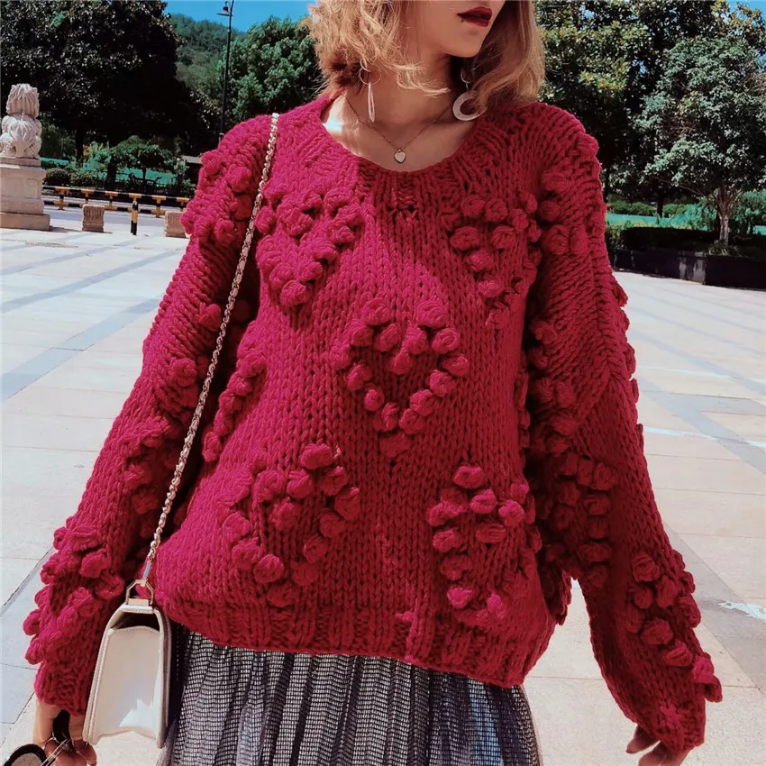 2019 новый вязаный красный свитер ручной работы с шариками для волос Женский пуловер зимний женский джемпер с длинным рукавом Повседневный