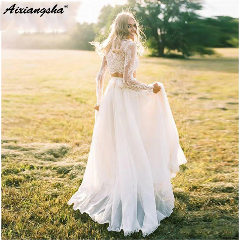 

Real Two Piece Romantic Fairy Boho Wedding Dress Lace long Sleeves Chiffon Bride Dress A-Line Wedding Gown