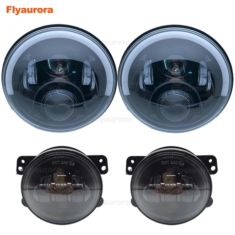 Flyaurora 7" LED headlights with halo amber turn signal + 4" round fog light for Jeep Wrangler CJ TJ JK 07-15 | Автомобили и