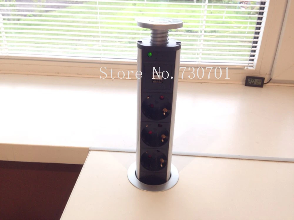 (Ship from Russia) 16A 220V Pull Pop Up Socket Kitchen with 3 EU Power Plug Socket 2 USB Charging Phone for Office Desk Hidden