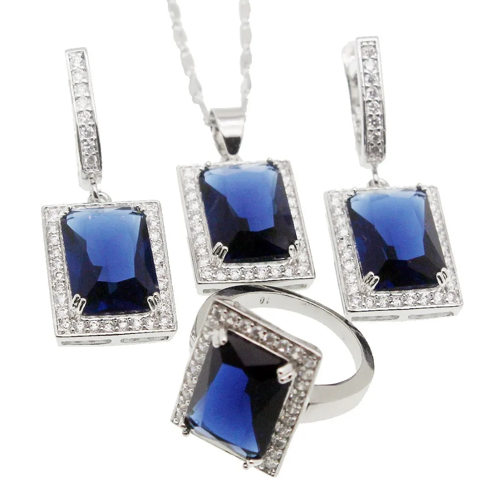 

Hermosa Jewelry 925 Silver Set Sterling-Silver Necklace Earrings Ring Size 6# BlueTopaz SETS Pretty Womens GIFT