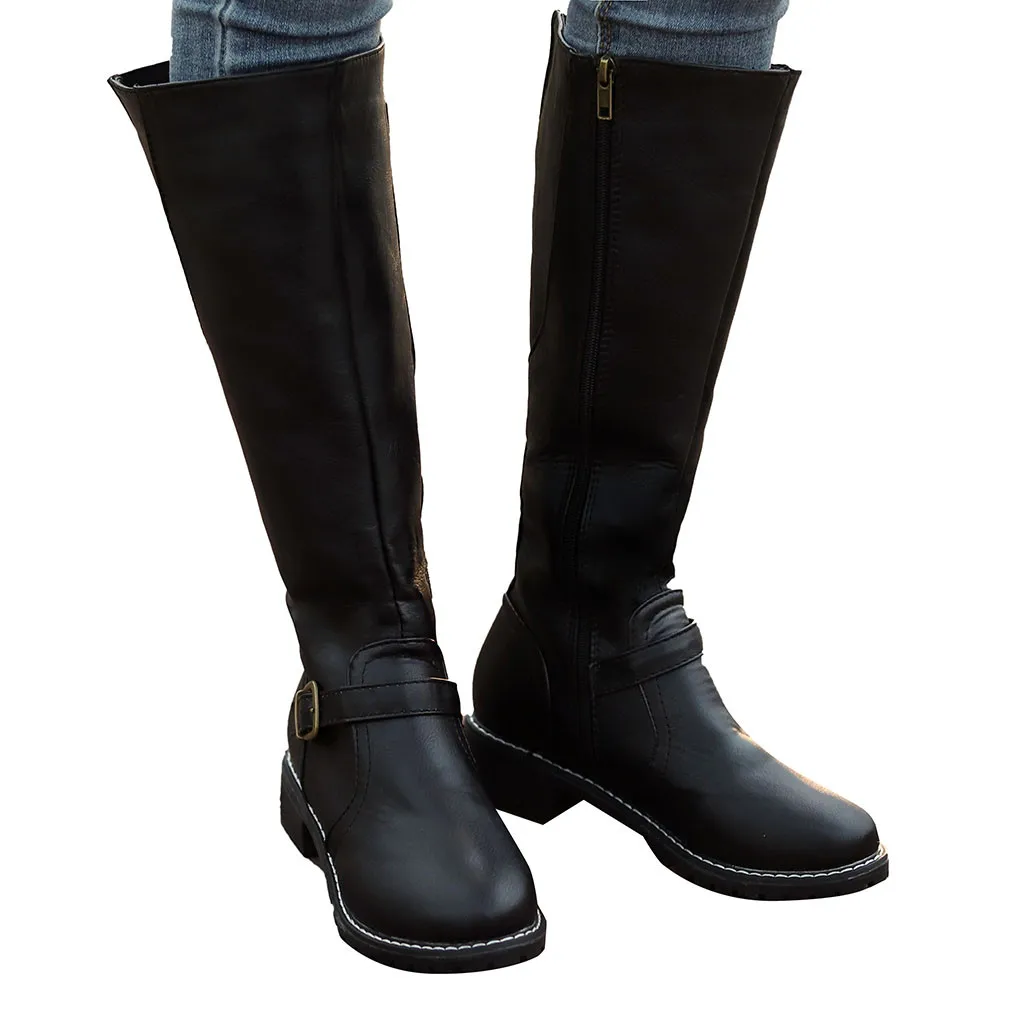 Сапоги до бедра; цвет коричневый; женские винтажные кожаные сапоги до колена на квадратном каблуке и молнии с пряжкой; теплые сапоги с круглым носком в британском стиле