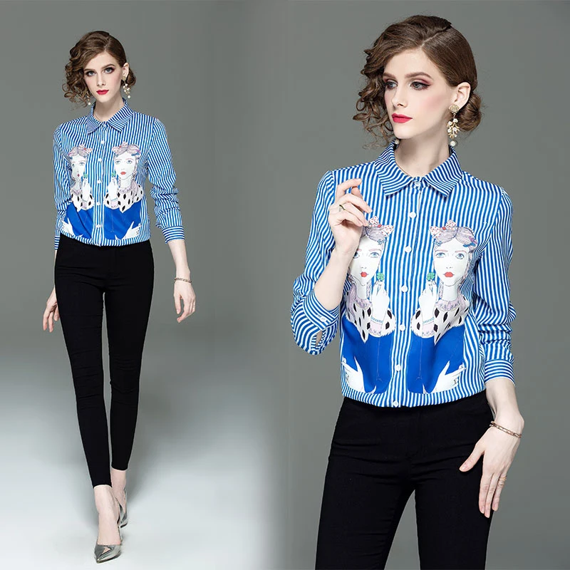 

2019 new women's character blouse Turn-down Collar blouse Streetwear blouses