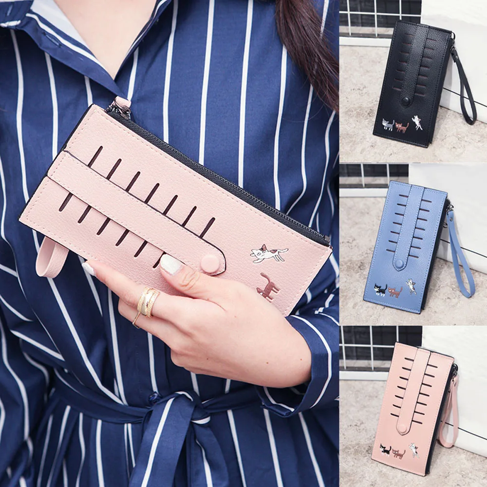 

ISHOWTIENDA Women's Zipper & Hasp wallets Cute Kitten Print Lady Purse Long Wallet Card Holder Billfold Purse portafoglio donna