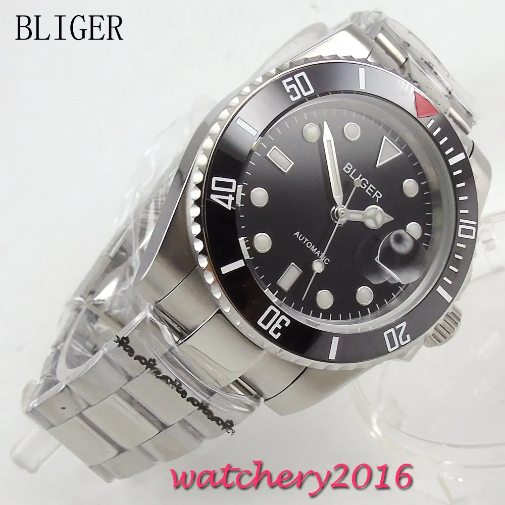 

40mm Bliger black Dial Complete Calendar ceramic bezel Luminous Hand Auto Watch Sapphire Crystal Automatic Mechanical Mens Watch