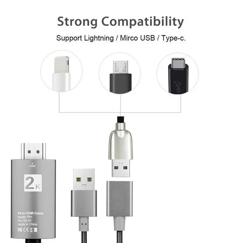 2 м USB для быстрой зарядки к HDMI кабель HDTV цифровой av-адаптер 1080P Smart для Apple iPhone 8 plus 7plus 6S плюс 5S iPad для IOS и Andriod для проектора