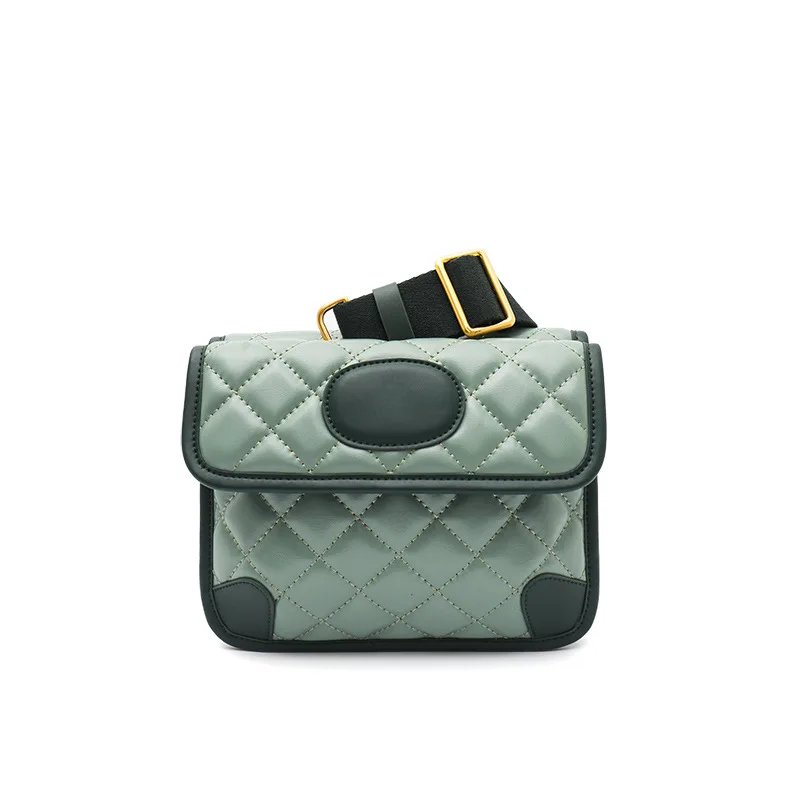 

Leather lady bag embroidery line ling grid small square bag double-sided design contrast color single shoulder oblique body bag