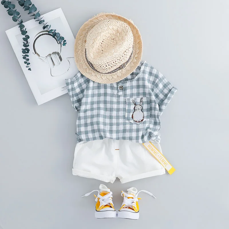 

Newborn Baby Girl Summer Clothes Suit Short Sleeve Plaid T-shirt & White Shorts 2pcs Baby Boy Outfit Leisure Cotton Toddler Sets