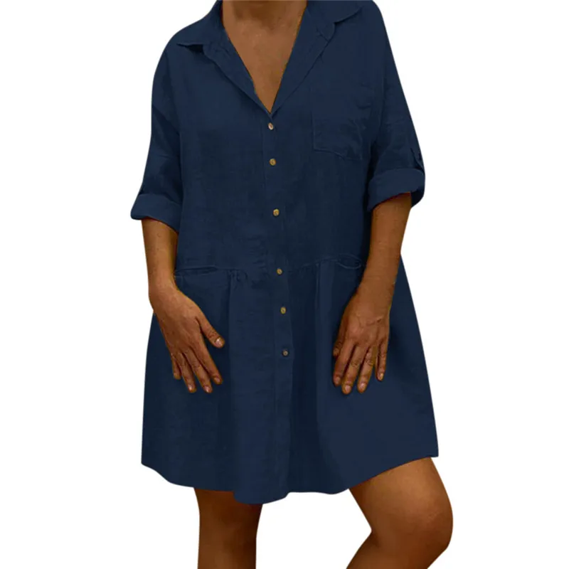 JAYCOSIN летнее платье женское повседневное однотонное платье в стиле бохо с отложным воротником с отворачивающимся рукавом и карманом на пуговицах льняное платье свободное платье Сарафан jun4 - Цвет: Navy