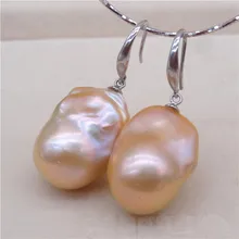 Eternal wedding Women Gift word 925 Sterling silver real Natural super large pink pearl ear hook, Baroque irregular bright light