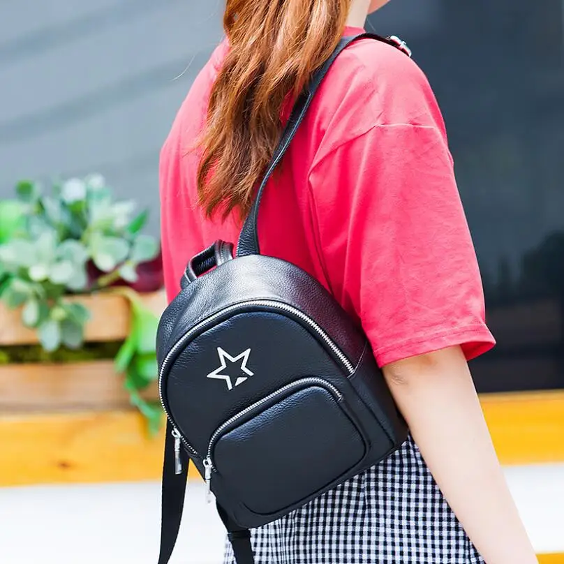 

FoxTail & Lily Metal Pentagram Design Genuine Leather Backpack Korean Popular School Bags for Teenage Girls Hot Travel Backpacks