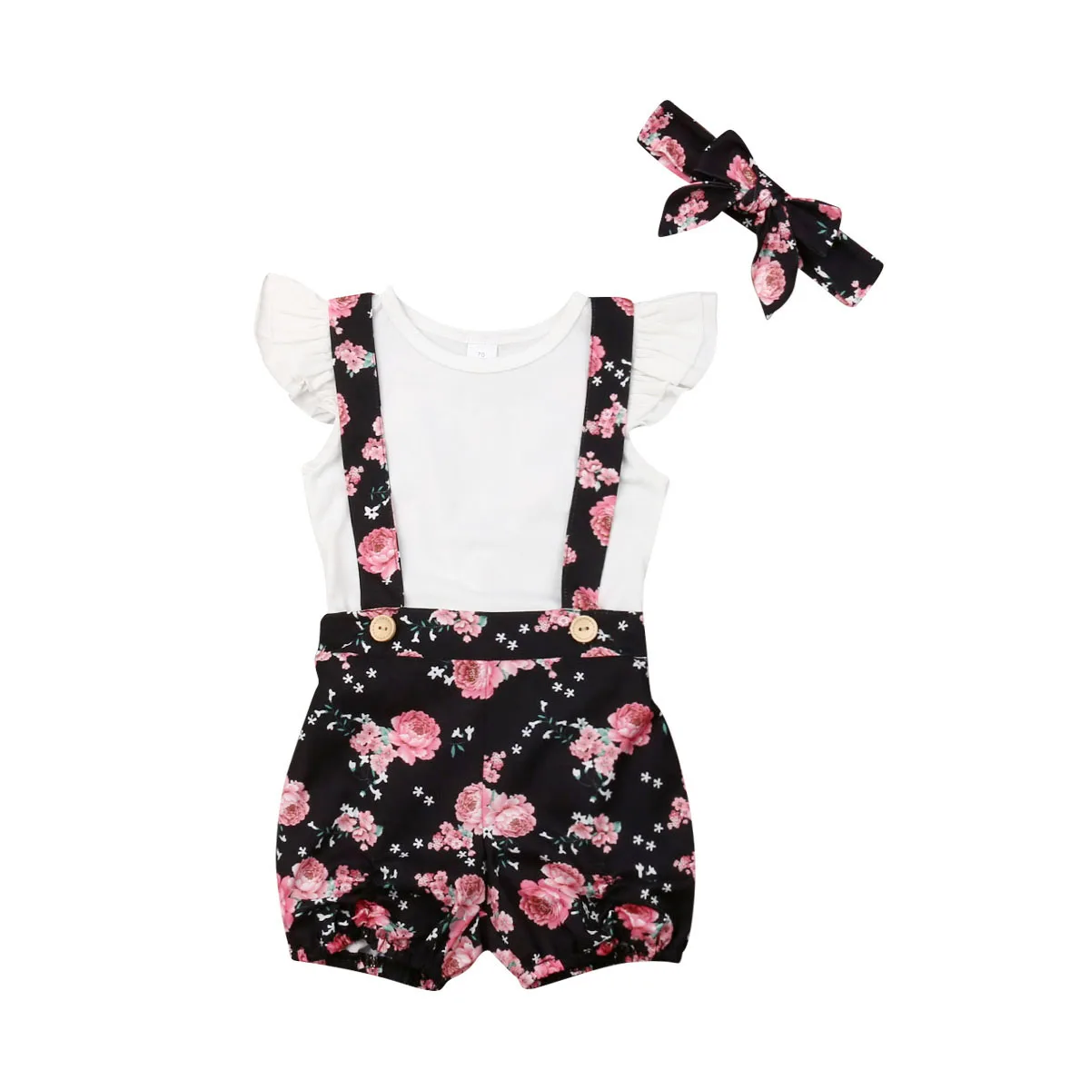 

3PCS Set Newborn Baby Girl Fly Sleeve White Bodysuit Tops Floral Overalls Bib Pant Headband Outfits Summer Clothes