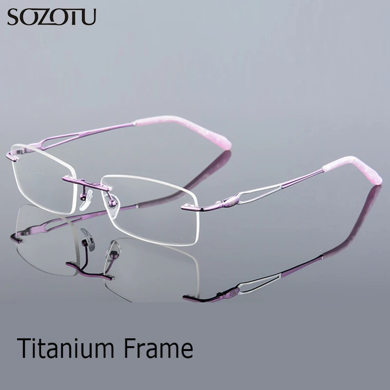 

SOZOTU Spectacle Frame Eyeglasses Women Computer Optical Prescription Titanium Rimless Clear Lens Glasses Frame Female QF235