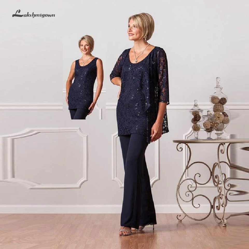 

Lakshmigown Navy Blue Pants Mother of The Bride Dress with Jacket 2019 Sexy Godmother Lace Evening Party Dress Abito Mamma Sposa