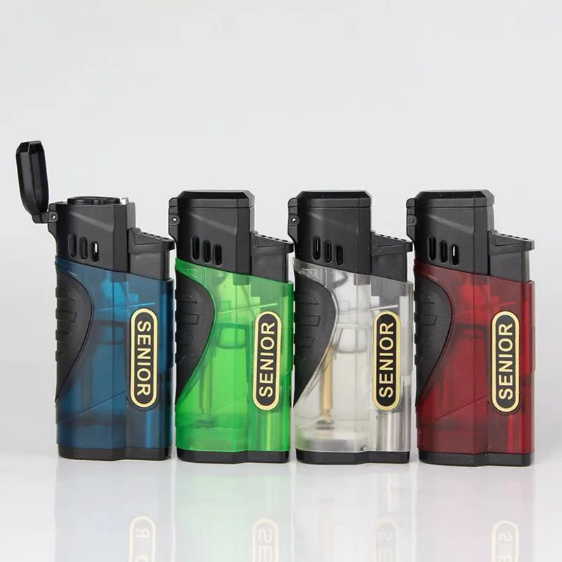

Three Flame Nozzle Push Button Ignition Jet Gas Lighter Cigar Knife Dust Cover Straight Flame Random Color Smoking Accessories