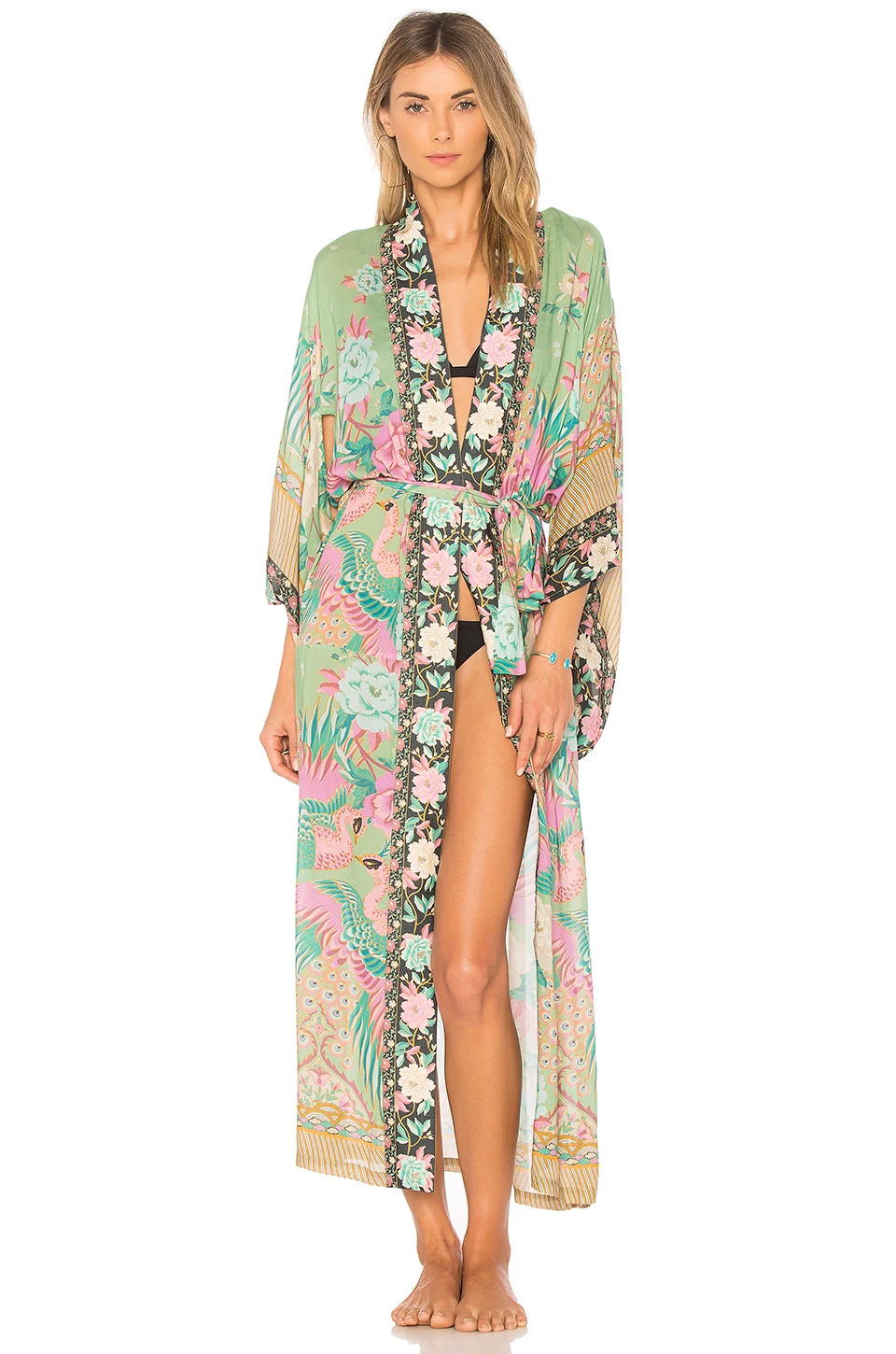 

Women Sexy Print Of Exotic Flowers simple tie belt Maxi Kimono In Sage Summer Dress Beachwear Vintage Long Cloud Dancer Kimono