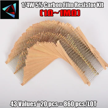 

860pcs Resistor Kit 0.25W Watt 43values X 20pcs Resistencias Resistor Pack Carbon Film Resistance 1-1MOhm OHMs 1/4W Carbon Film