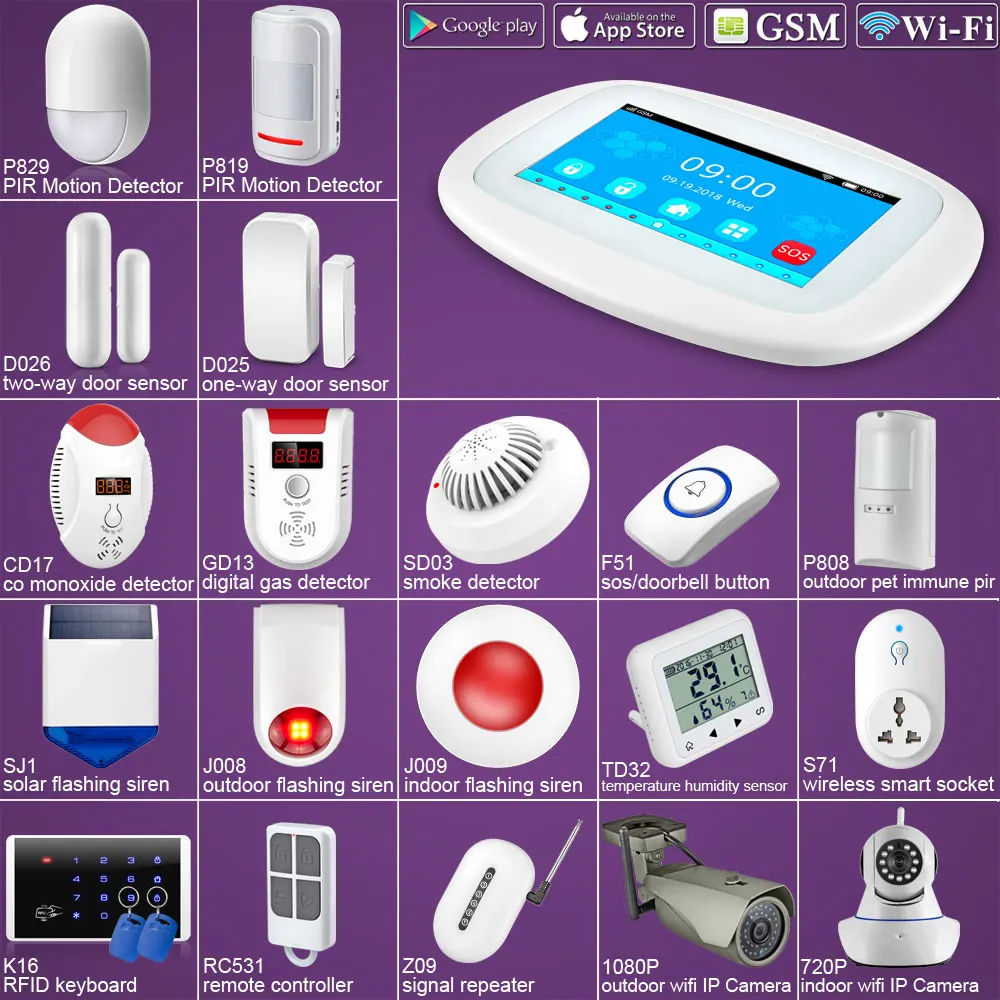 

DIY K52 4.3" Touch Screen WIFI GSM Alarm System Security Alarm APP Control PIR Sensor Door Sensor Smoke Alarm Flash Siren