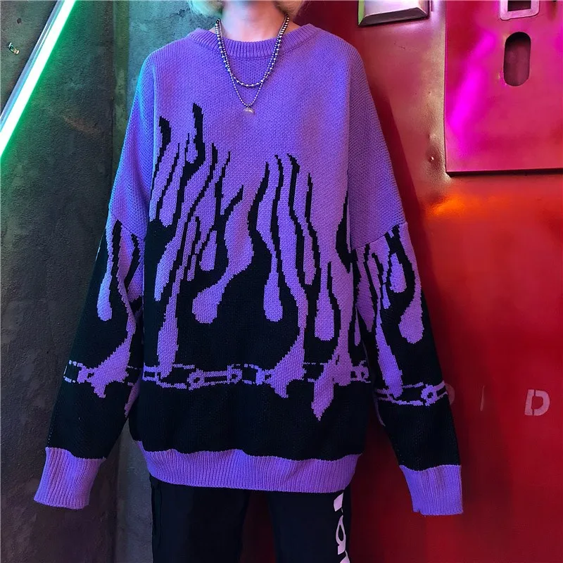 

2019 Spring Winter Harajuku Flame Knitting Batwing Sleeve Sweater Women Tide Outerwear Loose Pullover