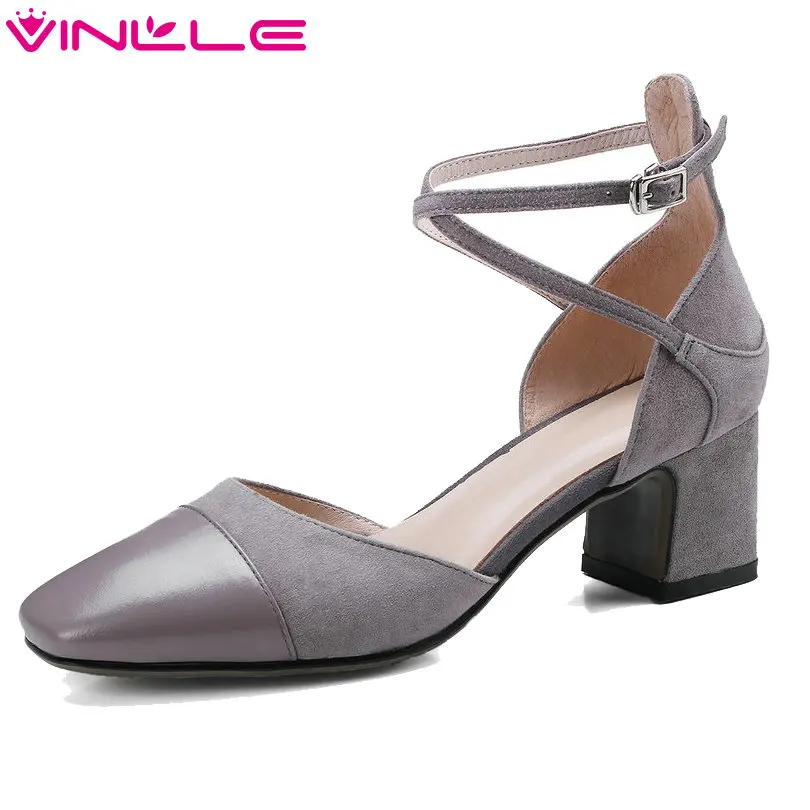 

VINLLE 2018 Elegant Women Pumps Pointed Toe Genuine Leather Cross-strap Black Square Med Heel Ladies Wedding Shoes Size 34-40